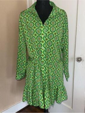 Zara 70’s Retro-Inspired Kelly Green Geometric Print Long-Sleeve Mini Shirtdress